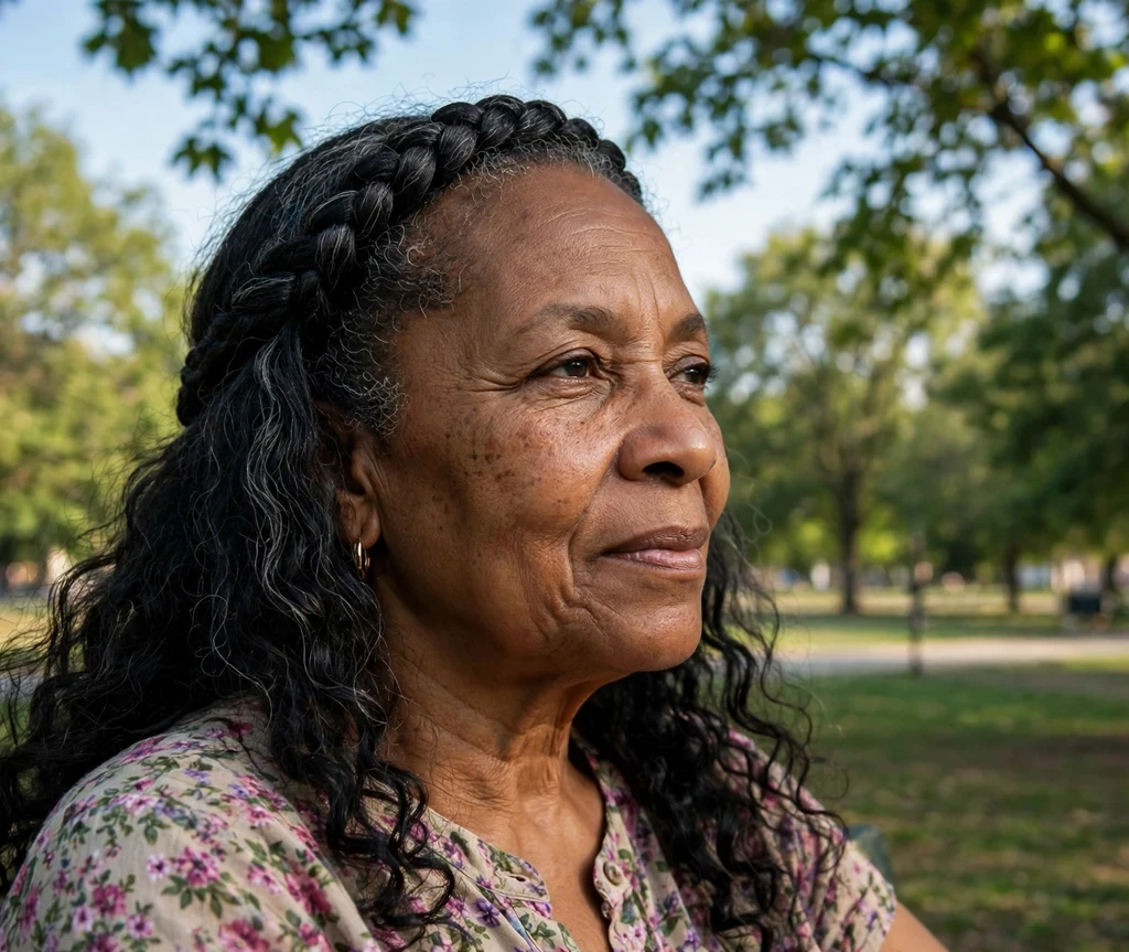 Black woman in her late fifties with a lovely braided headband style wearing a floral dress in a park