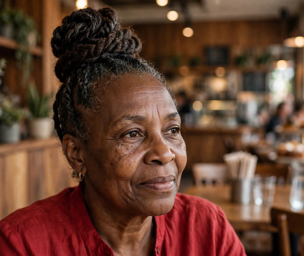 Black woman in her mid-fifties with an elegant twisted top knot wearing a red blouse at a cafe