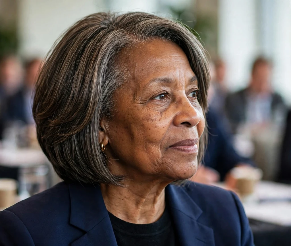 Black woman in her late sixties with a timeless graduated bob wearing a navy suit at a conference