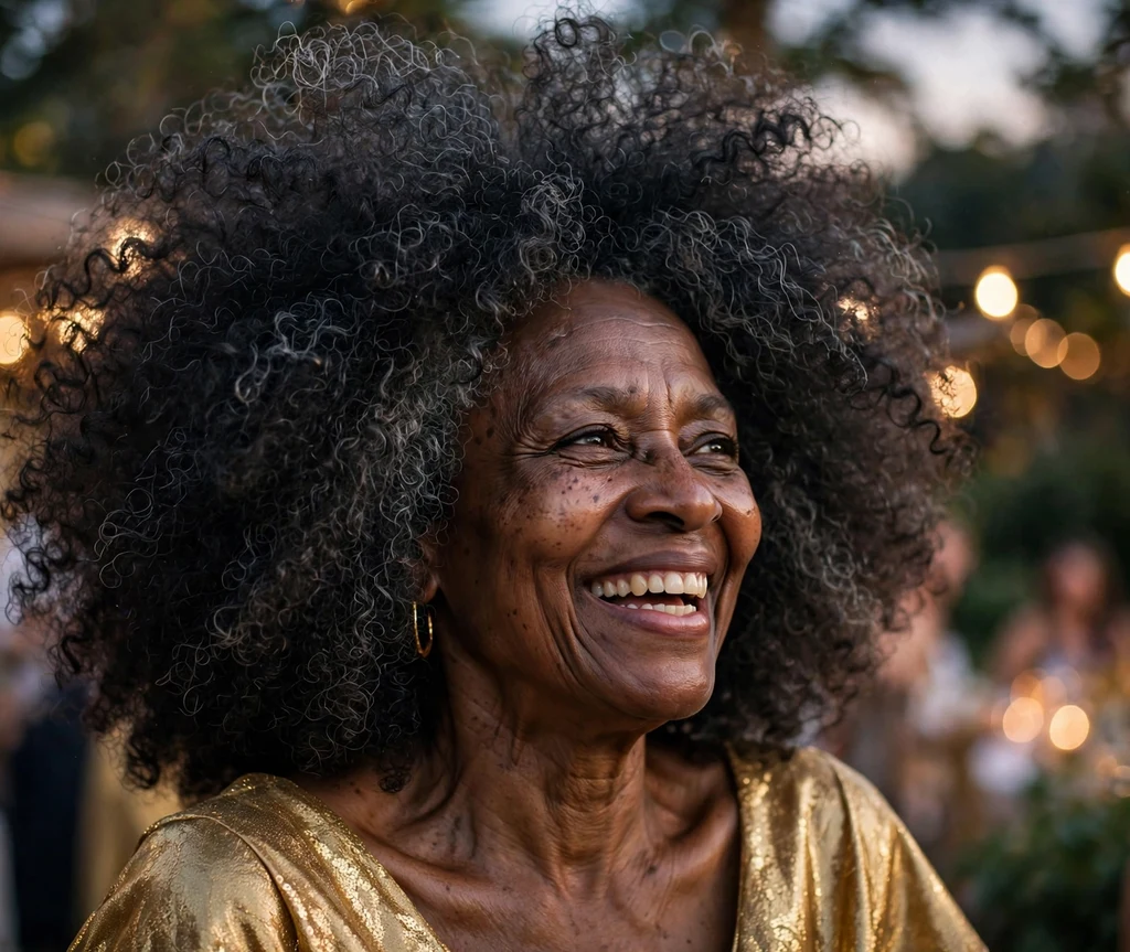 Black woman in her sixties with a radiant big curly afro wearing a gold dress at a celebration
