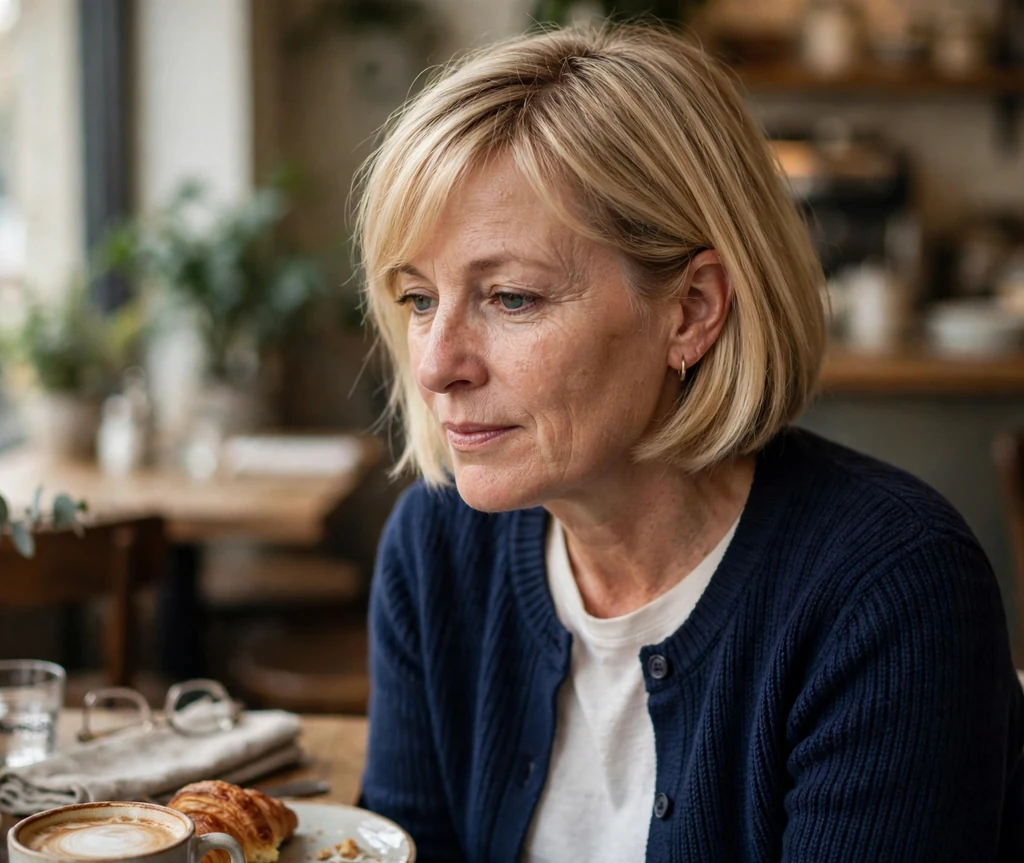 White woman in her mid-fifties with a blonde chin-length bob and side-swept bangs at a cafe
