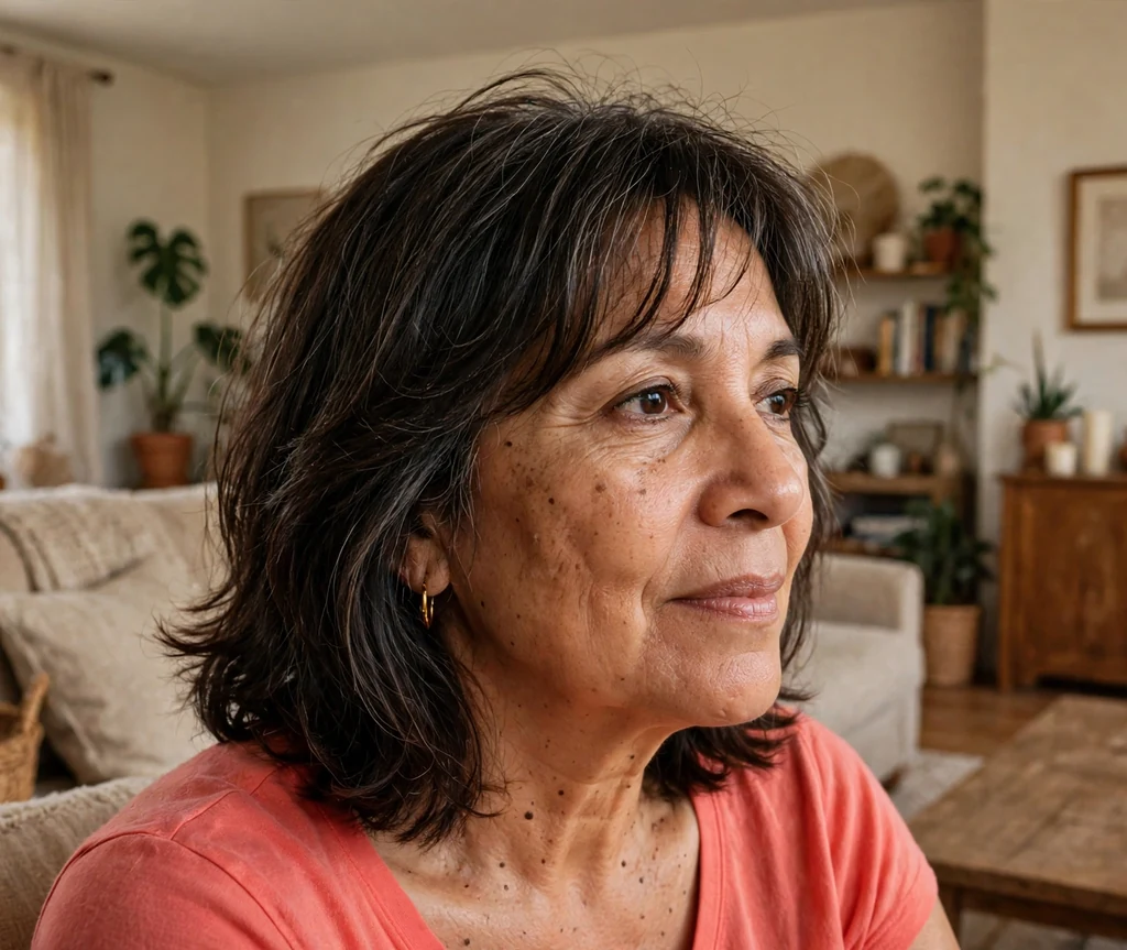 Latina woman in her late fifties with dark brown shoulder-length layers and a wispy fringe in a living room
