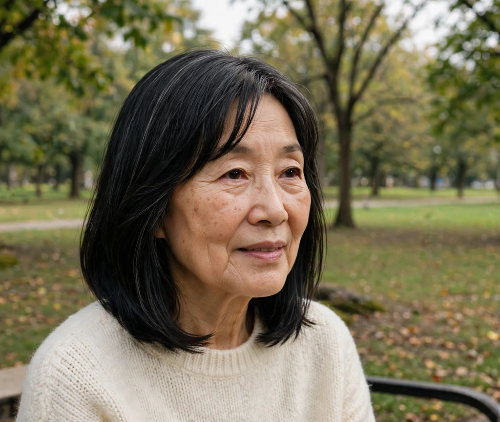 East Asian woman in her early sixties with a sleek black lob and parted curtain bangs in a park