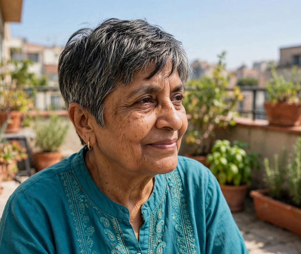 South Asian woman in her mid-sixties with a salt-and-pepper pixie cut and feathered bangs on a terrace