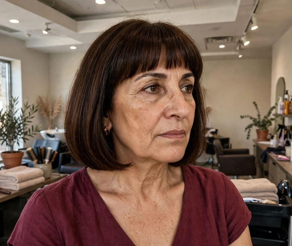 Middle Eastern woman in her late fifties with a dark chestnut chin-length bob and blunt bangs in a salon