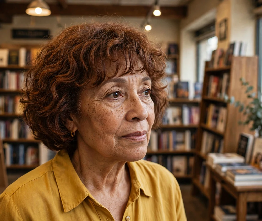 Mixed-race woman in her early sixties with a curly auburn bob and soft textured bangs in a bookstore