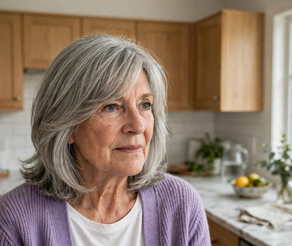 White woman in her late sixties with silver-grey layered hair and long side bangs in a kitchen