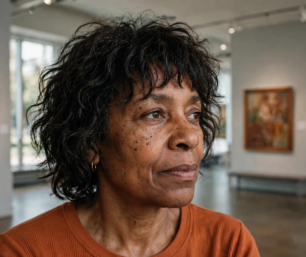 Black woman in her mid-fifties with a natural curly shag haircut and choppy fringe in an art gallery