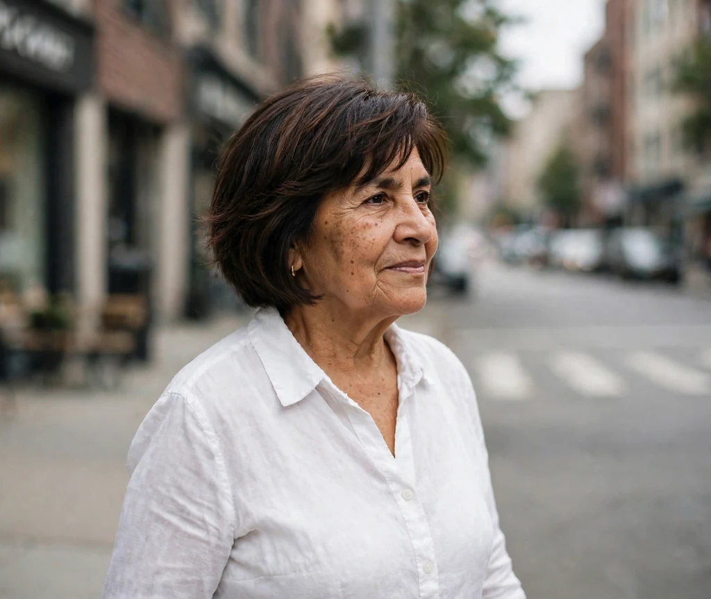 Latina woman in her early sixties with a dark brown asymmetrical bob and piecey bangs on a city street