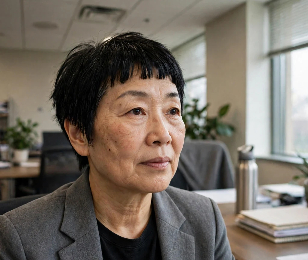 East Asian woman in her mid-fifties with a short black crop and baby bangs in an office