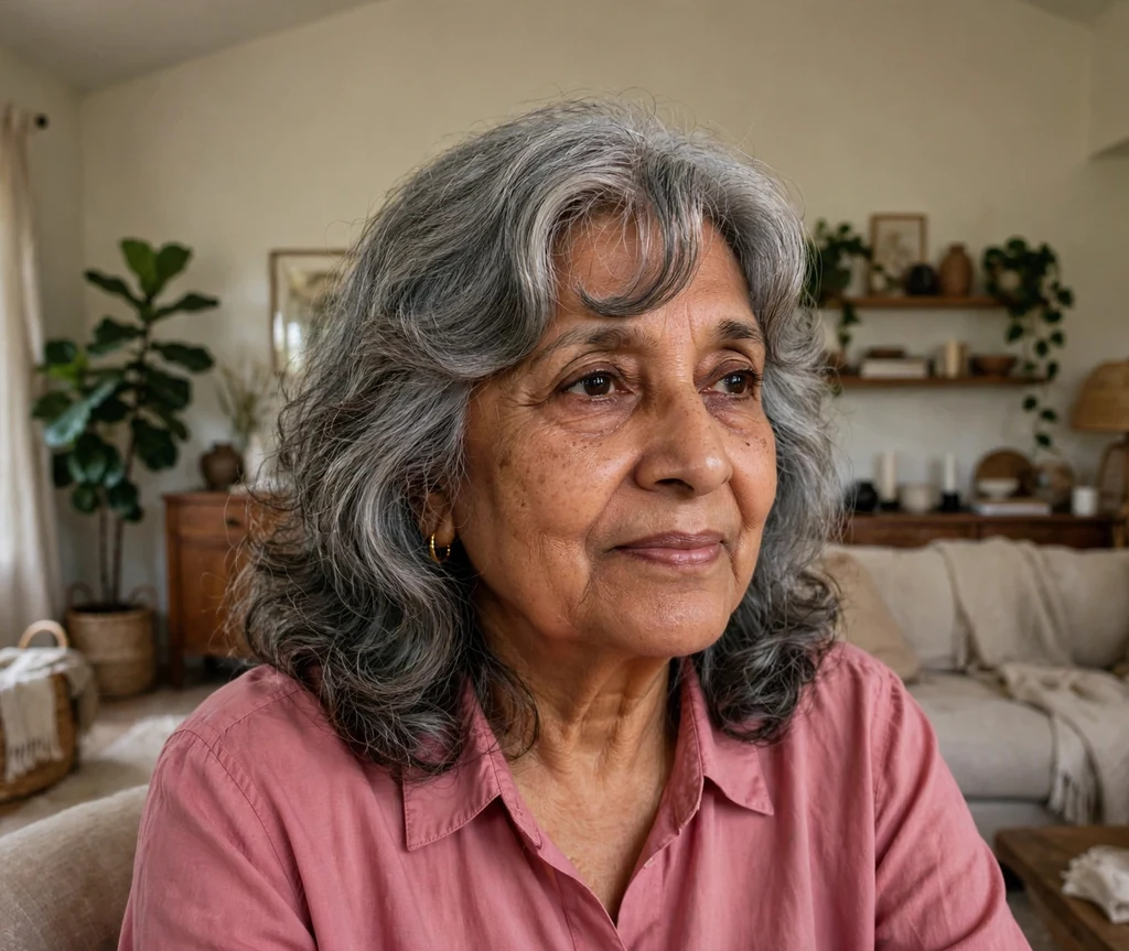 South Asian woman in her late sixties with grey medium waves and curved arch bangs at home