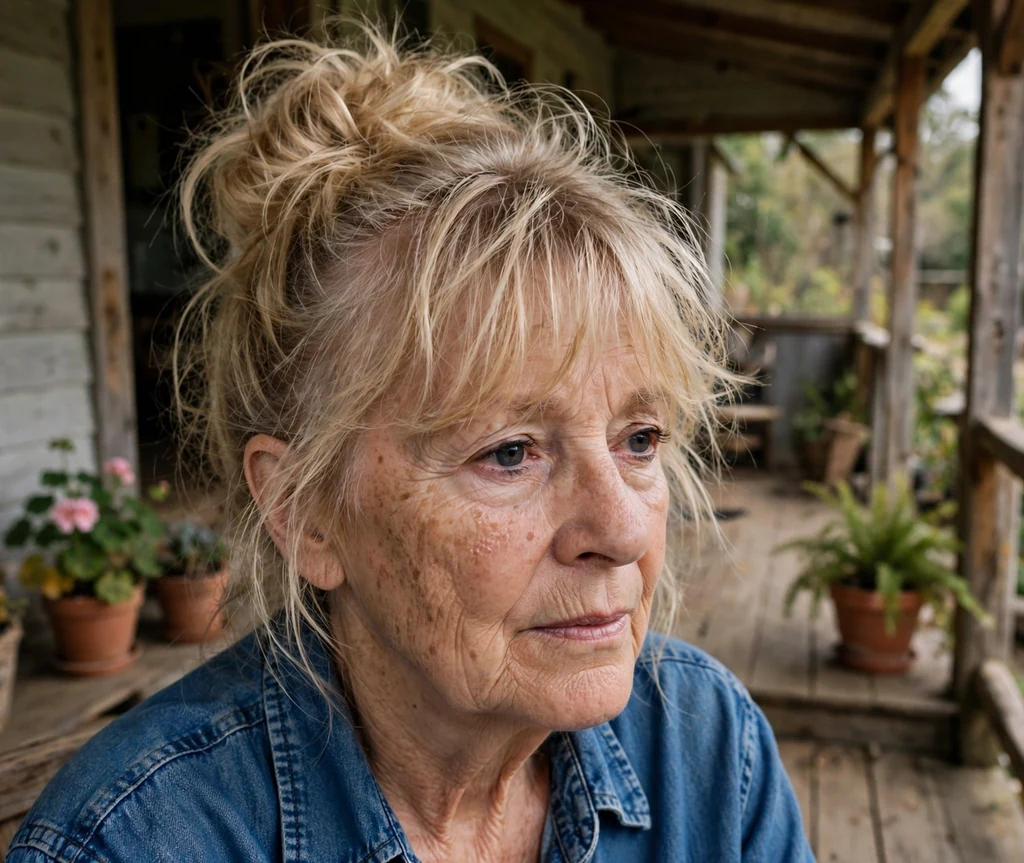White woman in her mid-sixties with a blonde messy bun and tousled bangs on a porch