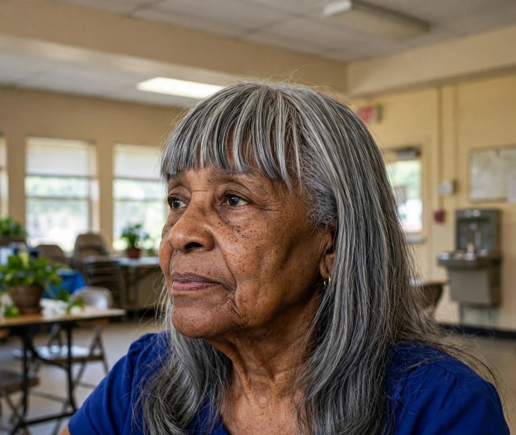 Black woman in her early seventies with long grey layered hair and full straight-across bangs in a blue dress