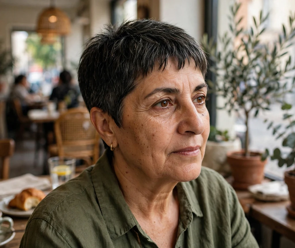 Middle Eastern woman in her mid-fifties with a dark tapered pixie and micro fringe at a cafe