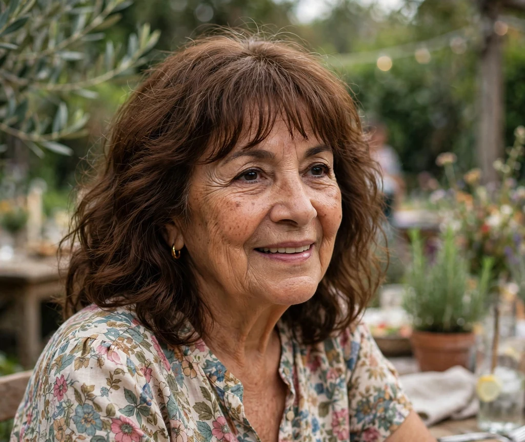 Latina woman in her late sixties with a chestnut wavy lob and brow-skimming bangs at a garden party