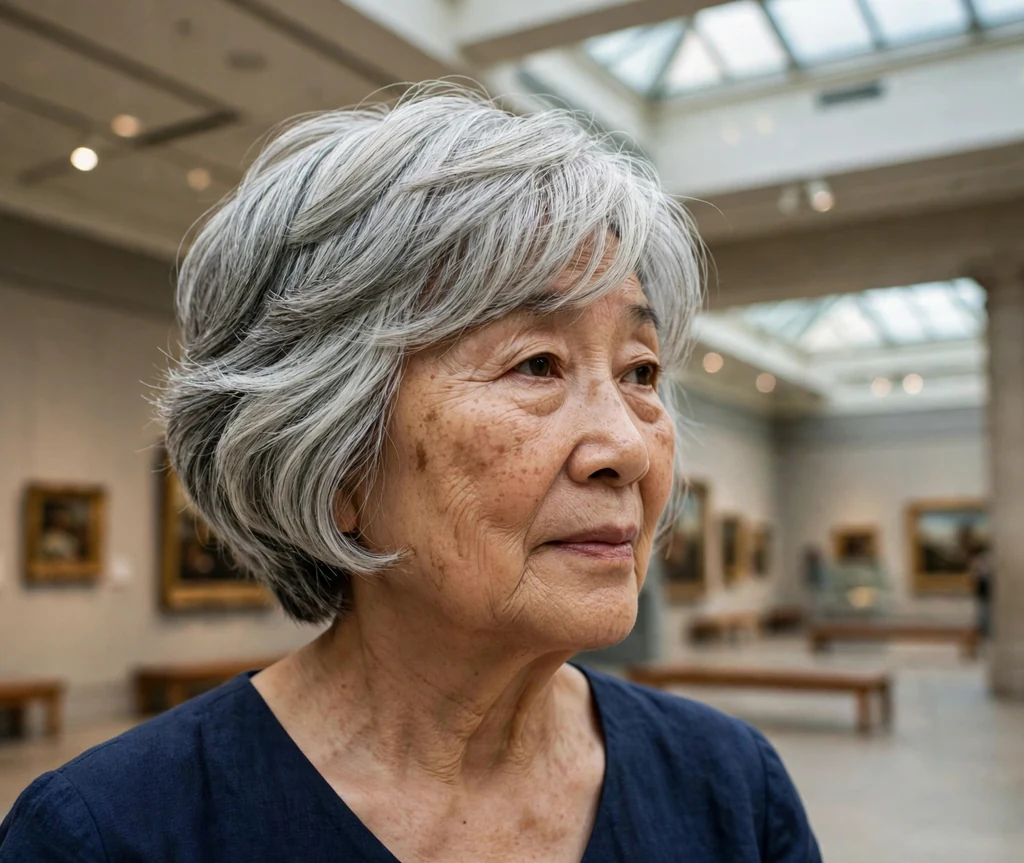 East Asian woman in her early seventies with a silver stacked bob and feathered side bangs at a museum
