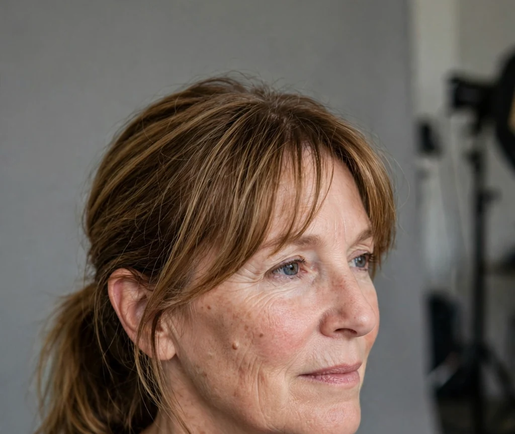 White woman in her late fifties with a caramel low ponytail and wispy curtain bangs in a studio