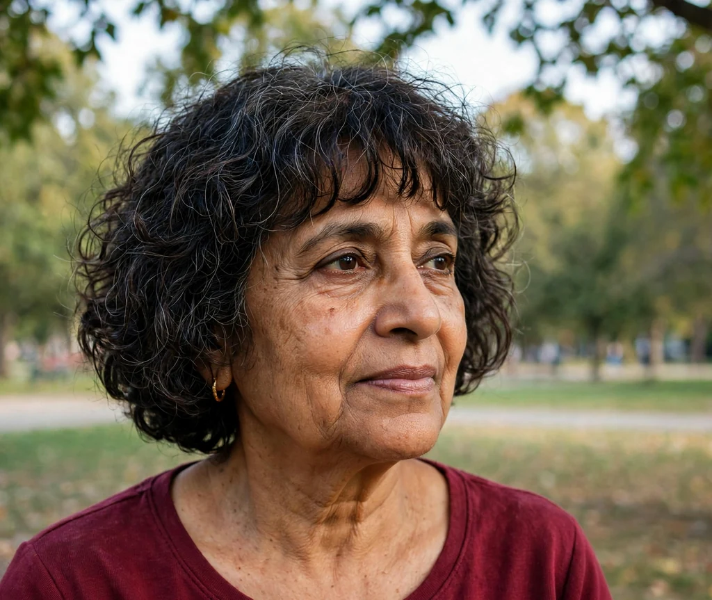 South Asian woman in her early sixties with a dark curly bob and textured bangs in a park