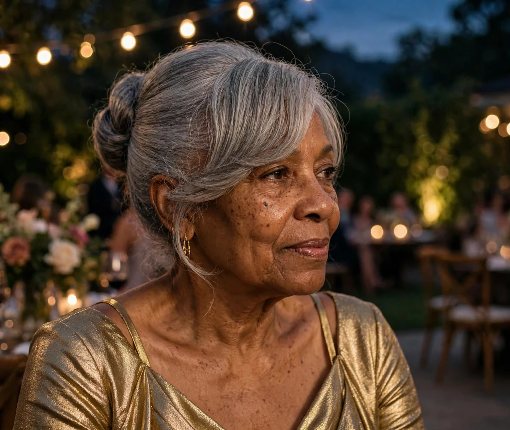 Black woman in her mid-sixties with an elegant grey updo and sweeping side bangs in a gold dress