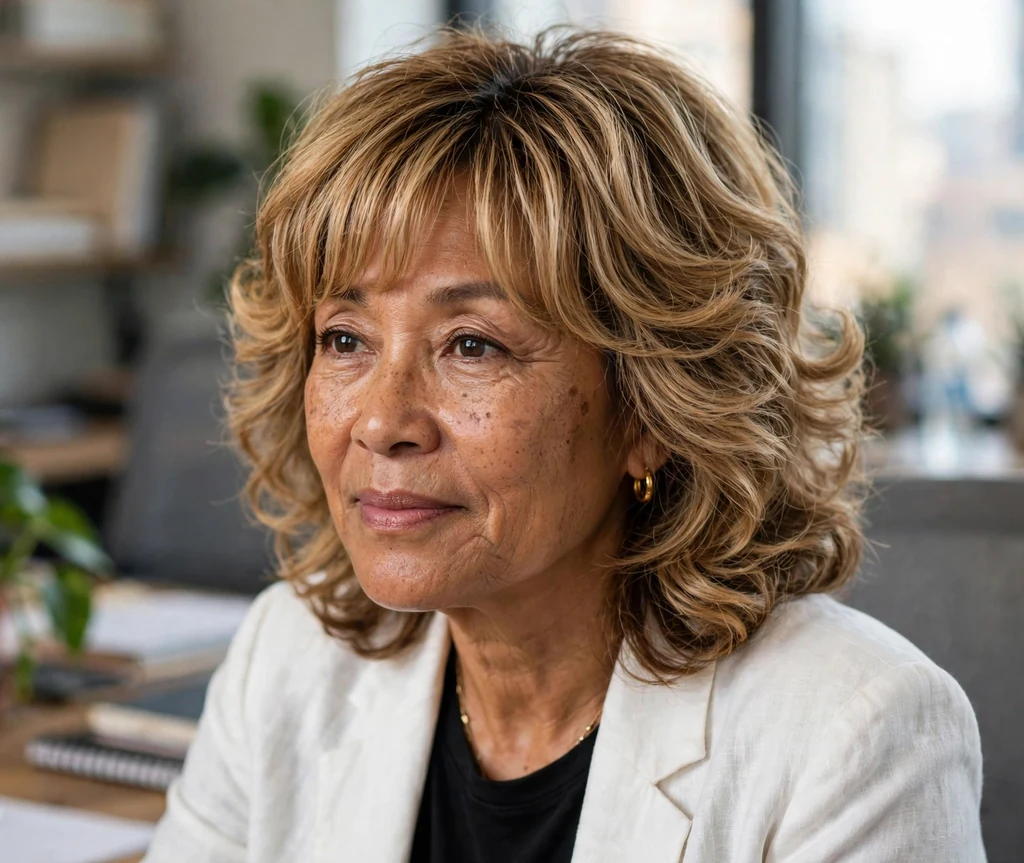 Mixed-race woman in her late fifties with a honey-blonde bouncy blowout and layered bangs in a white blazer