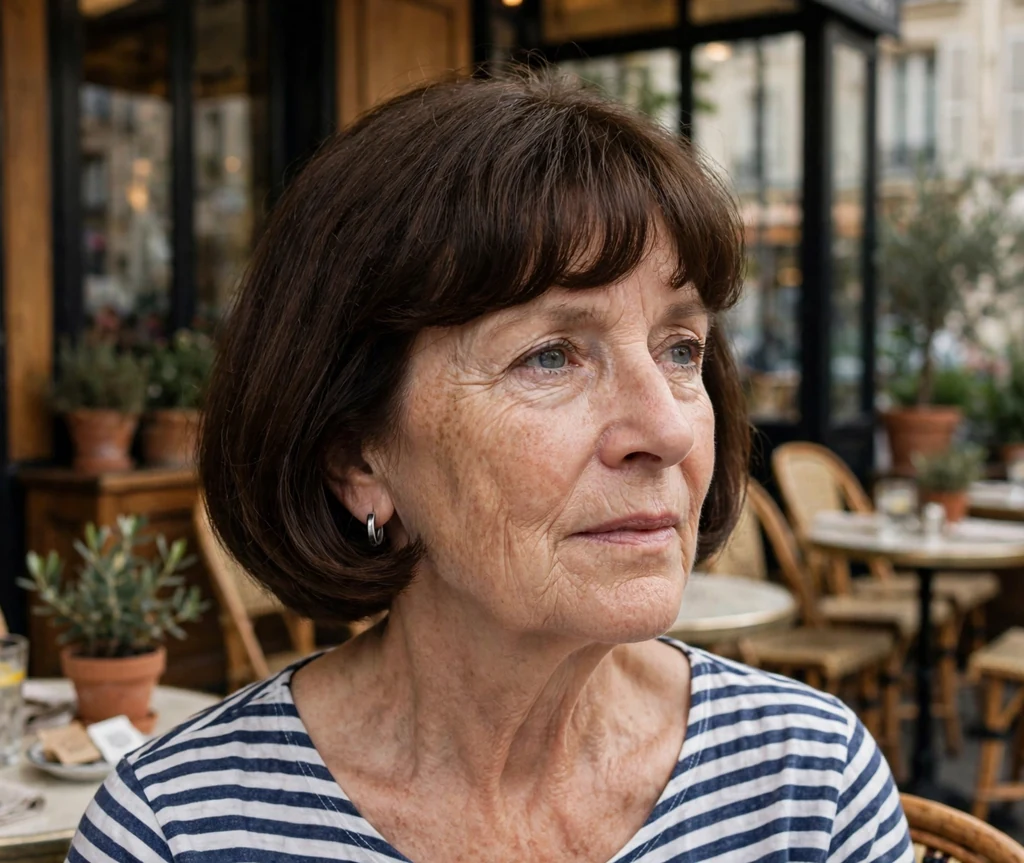 White woman in her early sixties with a dark French bob and soft rounded bangs at a bistro