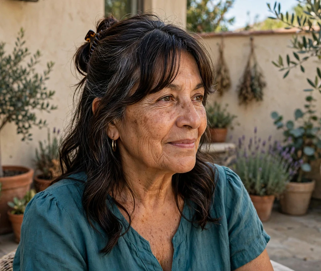 Latina woman in her mid-sixties with a dark half-updo and side-swept curtain bangs on a patio