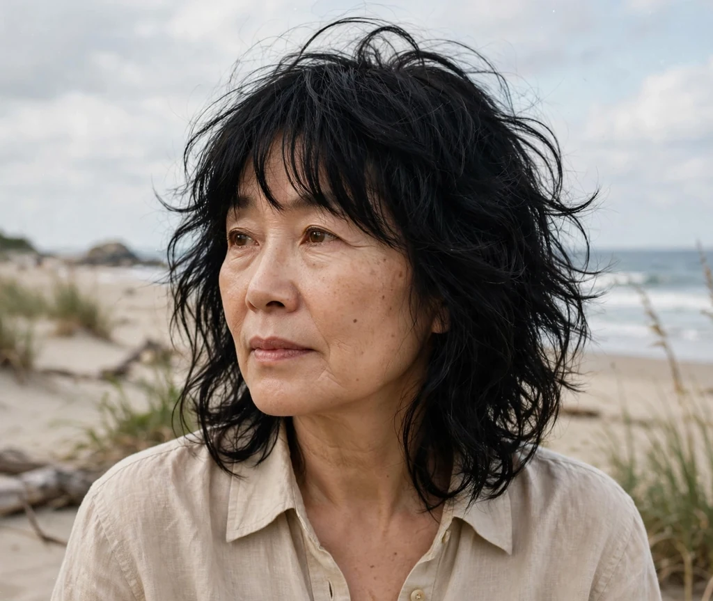 East Asian woman in her late fifties with black beach waves and grown-out bangs in a linen shirt at the beach