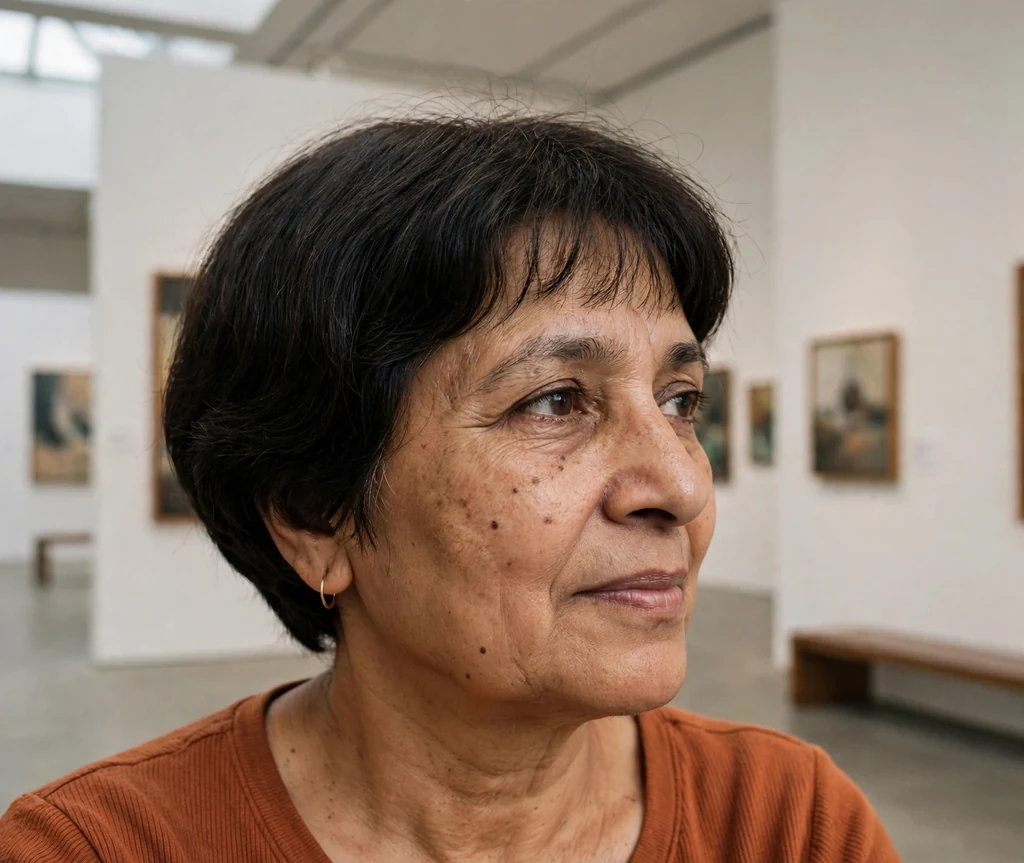 South Asian woman in her mid-fifties with a dark bowl cut and wispy micro bangs in an art gallery