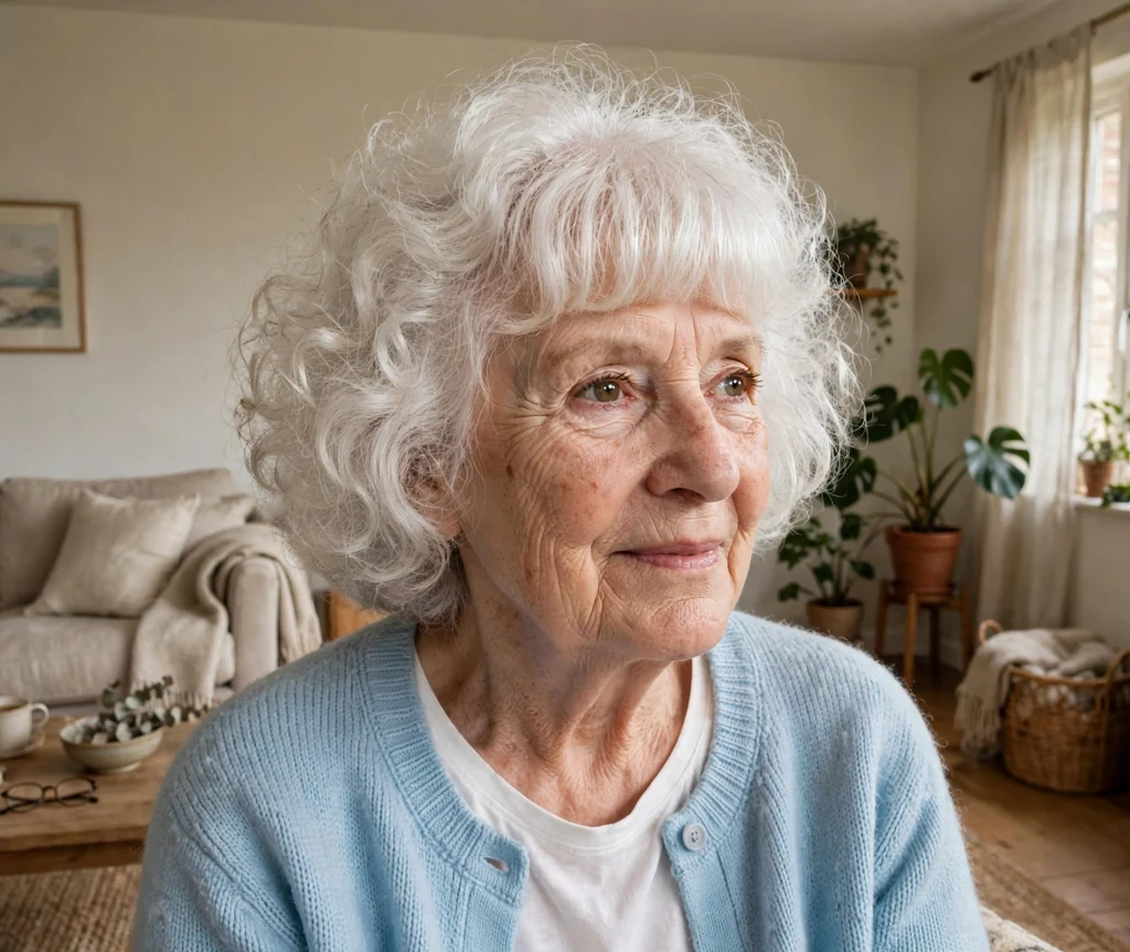 White woman in her early seventies with white voluminous curls and a full fringe in a pastel blue cardigan