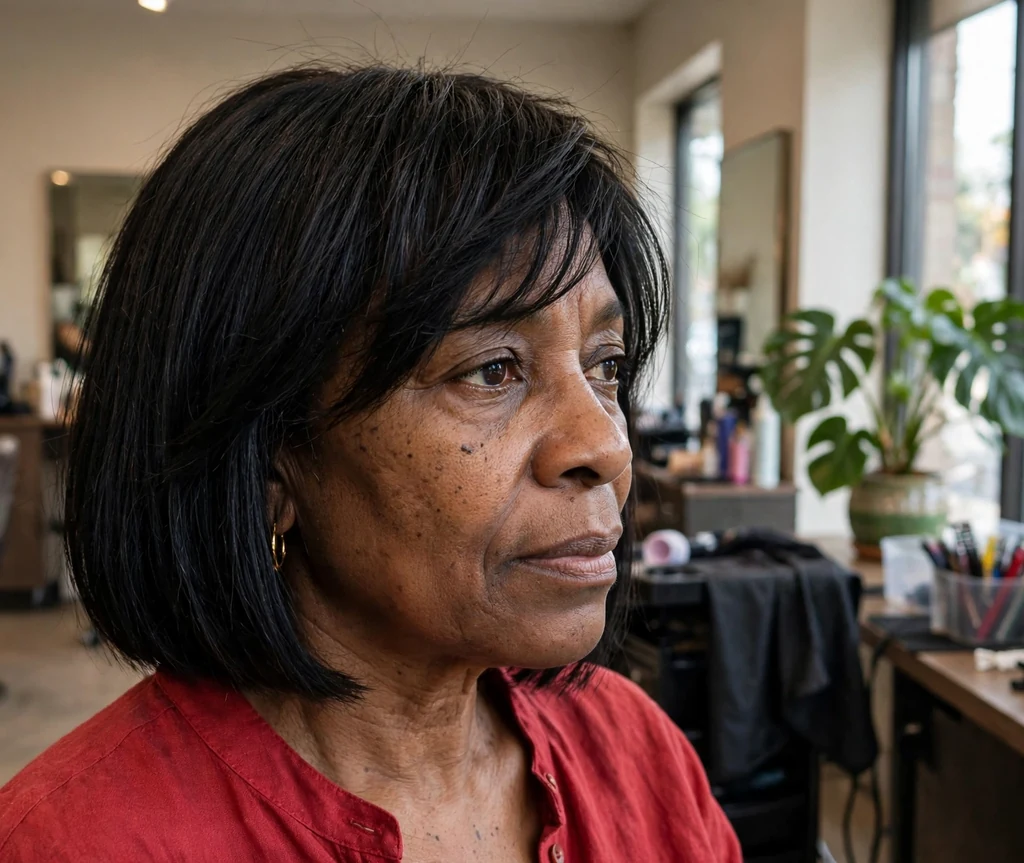 Black woman in her late fifties with a sleek straight bob and choppy side bangs in a red blouse