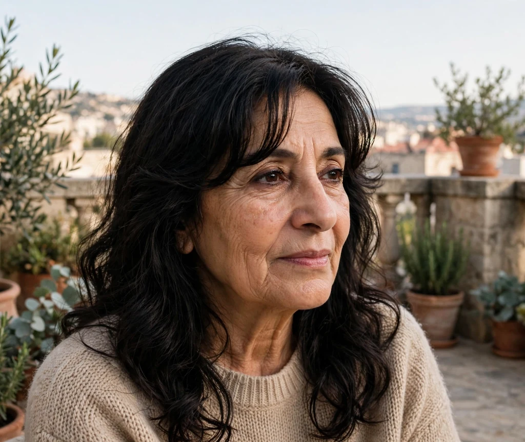 Middle Eastern woman in her early sixties with dark loose waves and romantic curtain bangs in a beige sweater