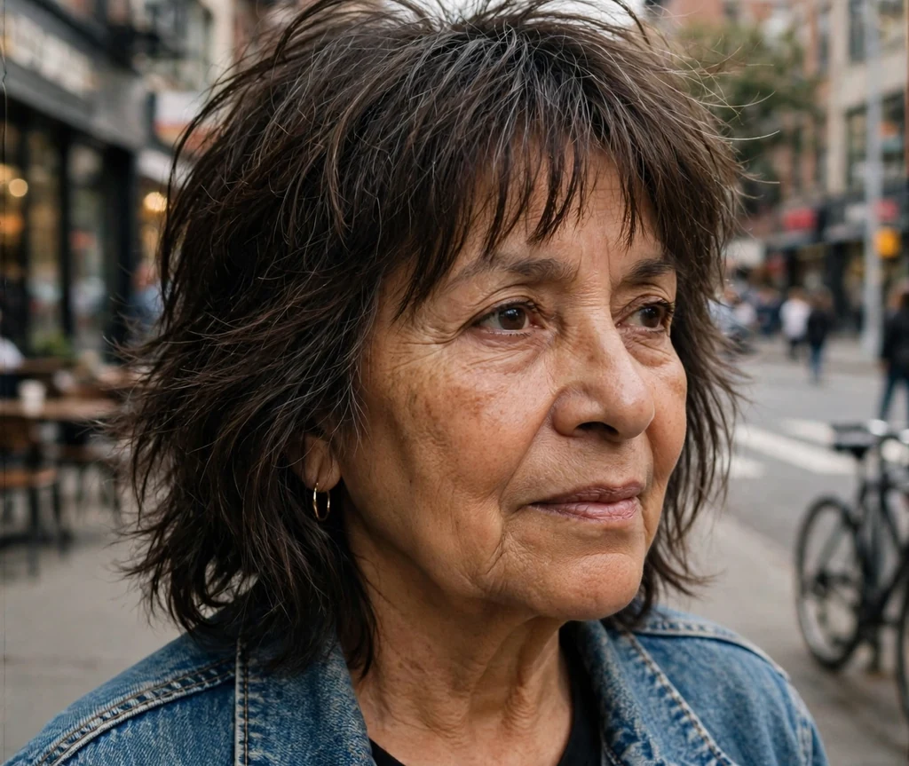 Latina woman in her early sixties with a layered dark shag and light airy bangs in a denim jacket
