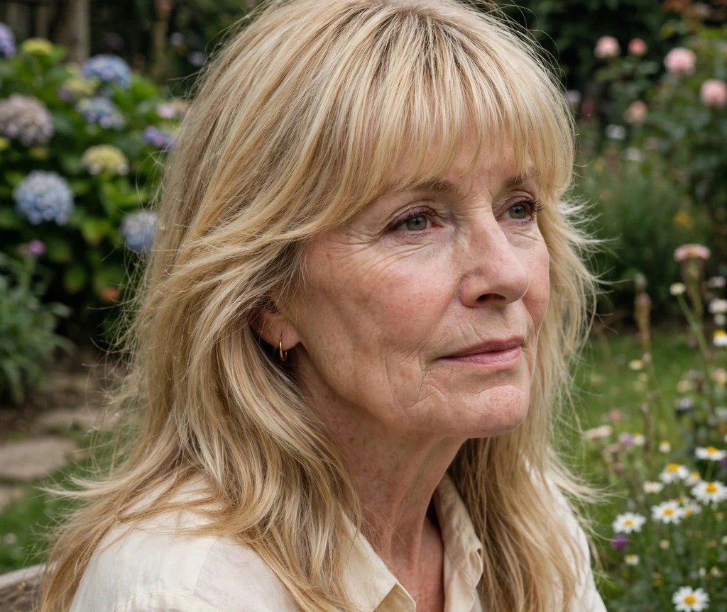 White woman in her mid-sixties with blonde long layers and Bardot-inspired bangs in a cream blouse