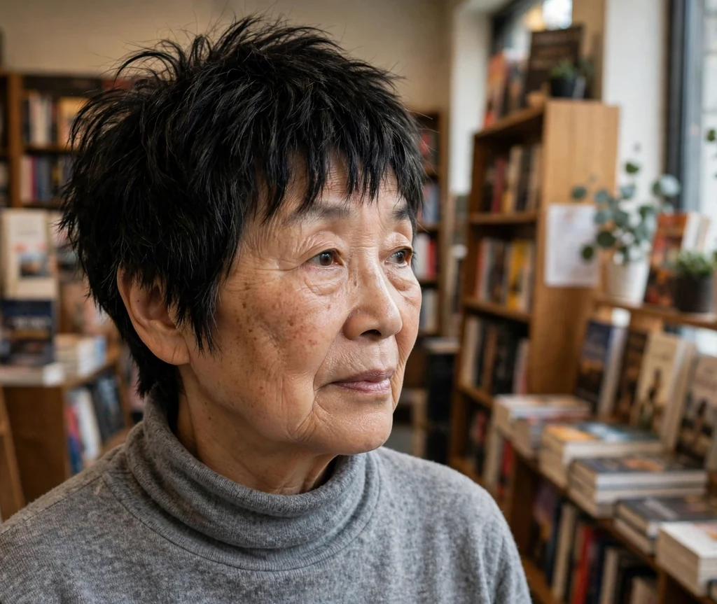 East Asian woman in her mid-sixties with a black short shaggy pixie and textured fringe in a grey turtleneck