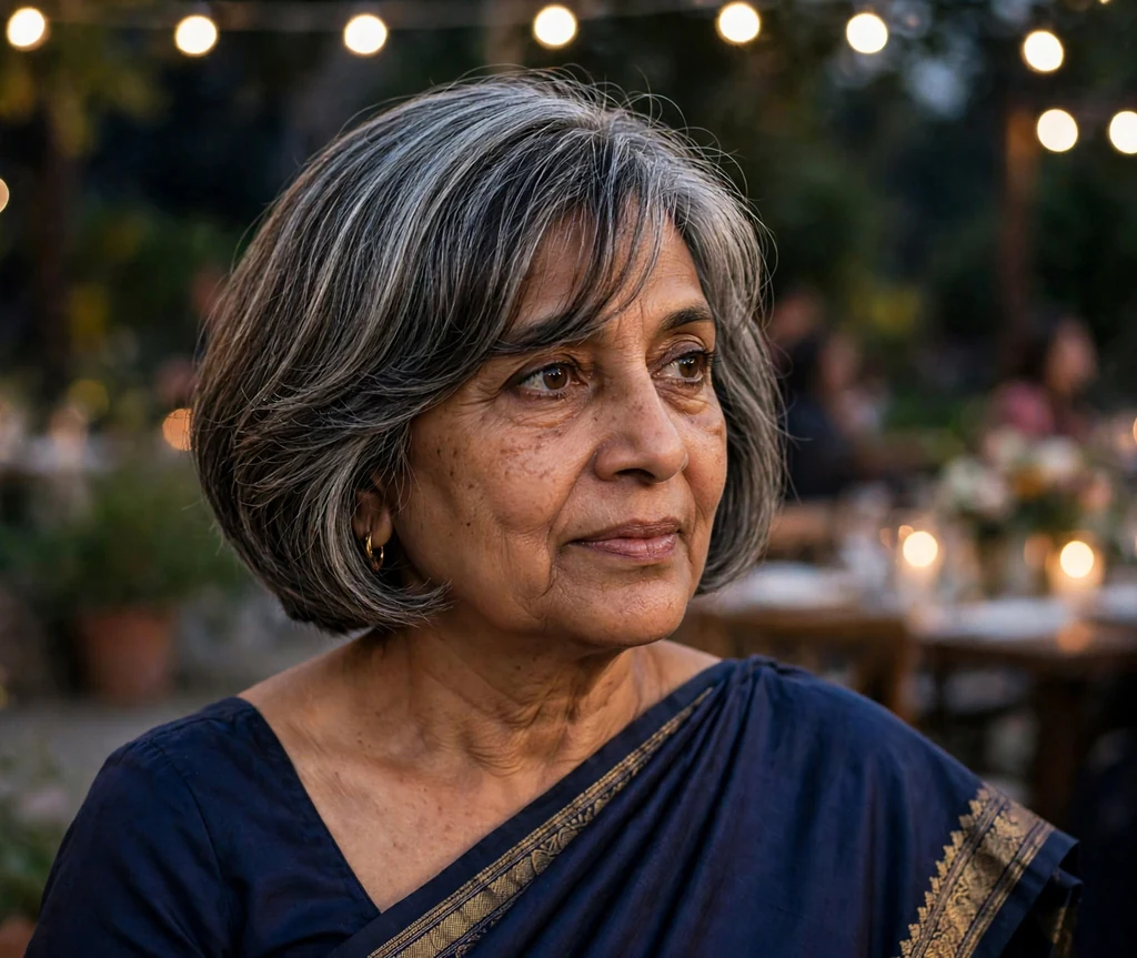 South Asian woman in her late fifties with a salt-and-pepper sophisticated bob and deep side-part bangs in a navy sari