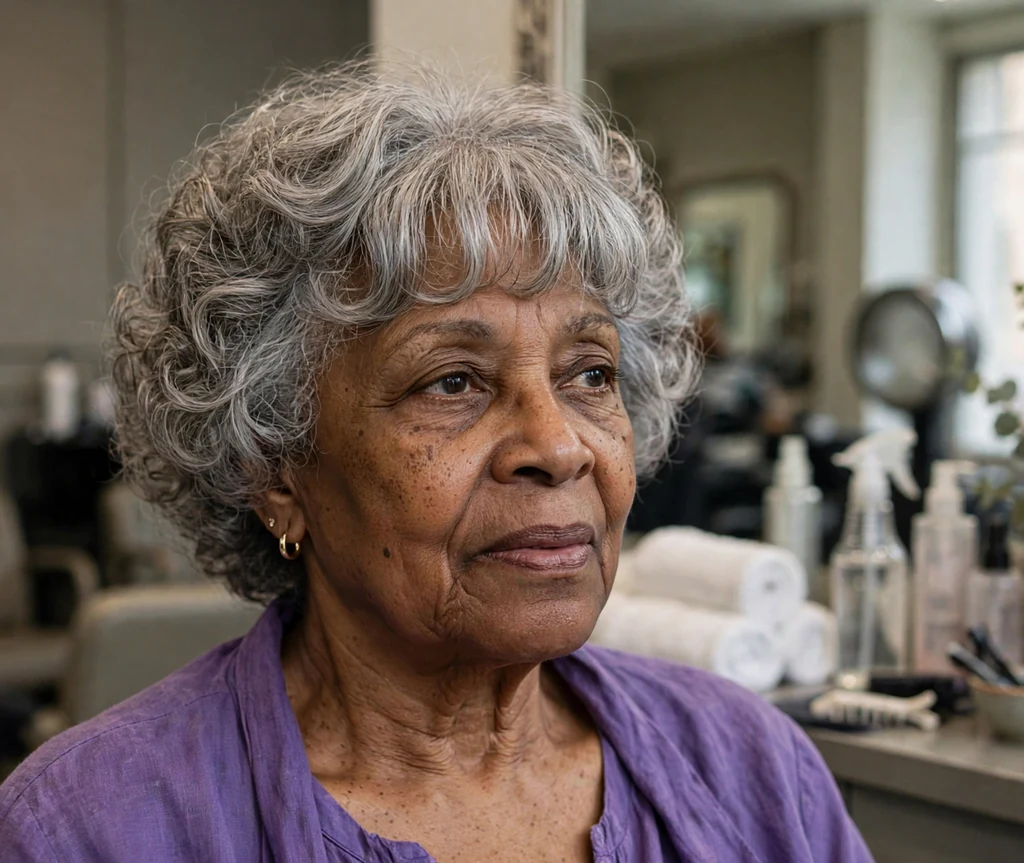 Black woman in her early sixties with a soft grey perm and feathered bangs in a purple top