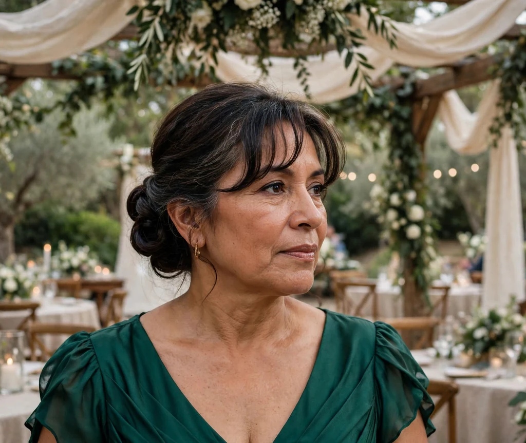 Latina woman in her mid-fifties with a dark chignon and curved wispy bangs in an emerald dress