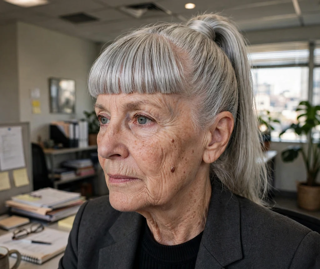 White woman in her late sixties with a silver sleek ponytail and bold blunt bangs in a charcoal blazer