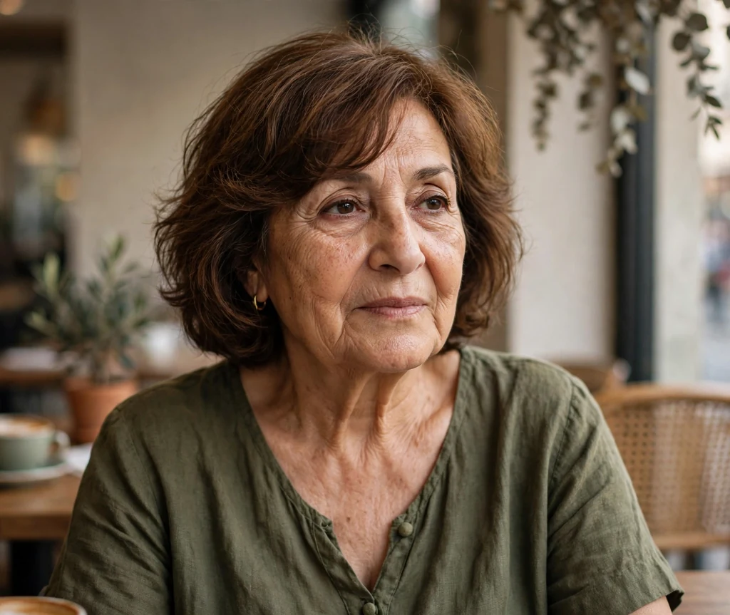 Middle Eastern woman in her mid-sixties with a chestnut textured lob and soft side bangs at a cafe