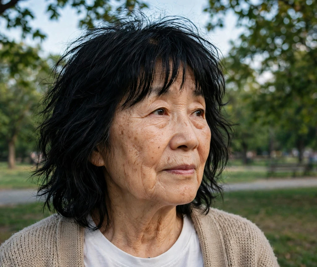East Asian woman in her early sixties with black tousled layers and shaggy curtain bangs in a park