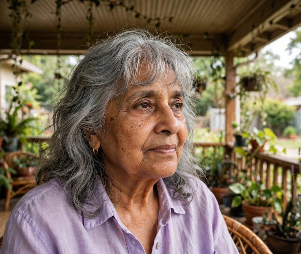 South Asian woman in her early seventies with silver-grey waves and wispy bangs on a porch