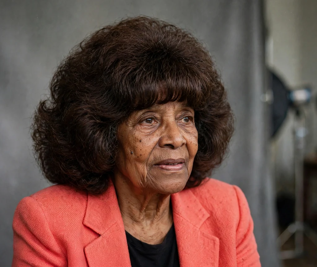 Black woman in her mid-sixties with a voluminous dark blowout and rounded full bangs in a coral blazer