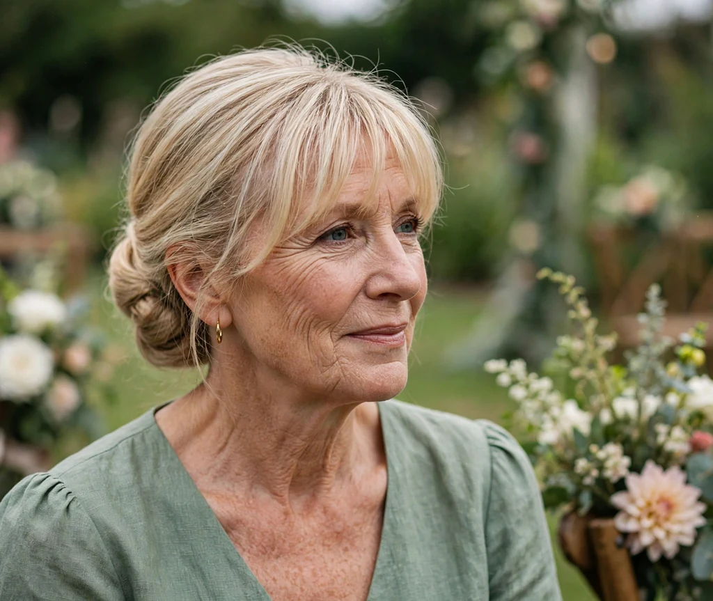 White woman in her late fifties with a blonde low chignon and feathered wispy bangs in a sage dress