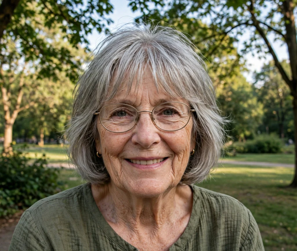 White woman in her late sixties with a silver soft layered bob and wispy fringe wearing thin oval metal glasses in a park