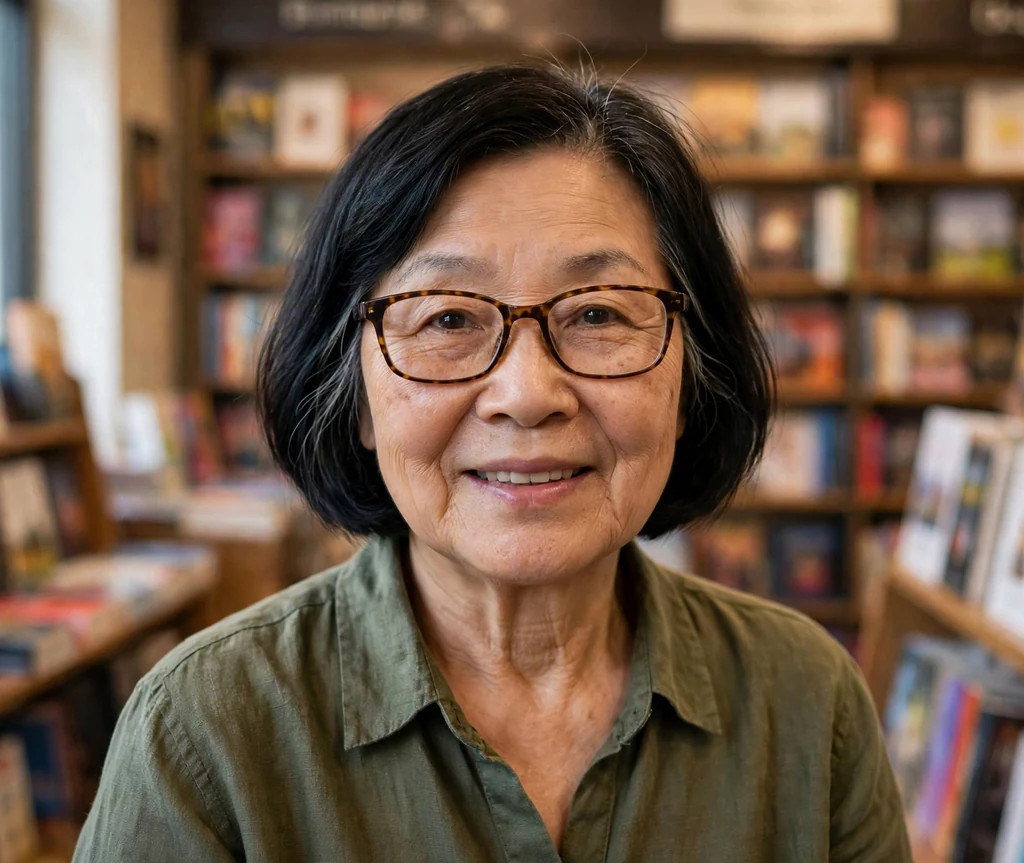 East Asian woman in her early sixties with a black chin-length bob wearing rectangular tortoise-shell glasses in a bookstore