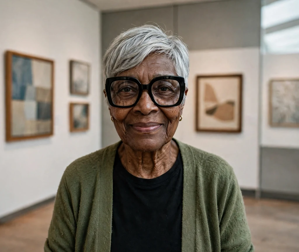 Black woman in her early seventies with a short silver side-swept pixie wearing oversized square black glasses in an art gallery