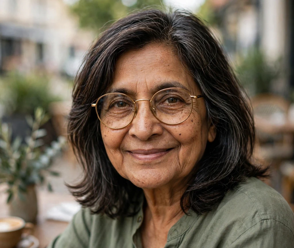 South Asian woman in her late sixties with dark brown shoulder-length layers and a side part wearing round gold-rimmed glasses at a cafe