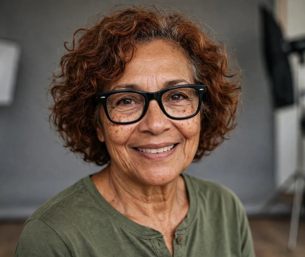 Mixed-race woman in her mid sixties with a curly auburn bob wearing thick black wayfarer-style glasses in a photo studio