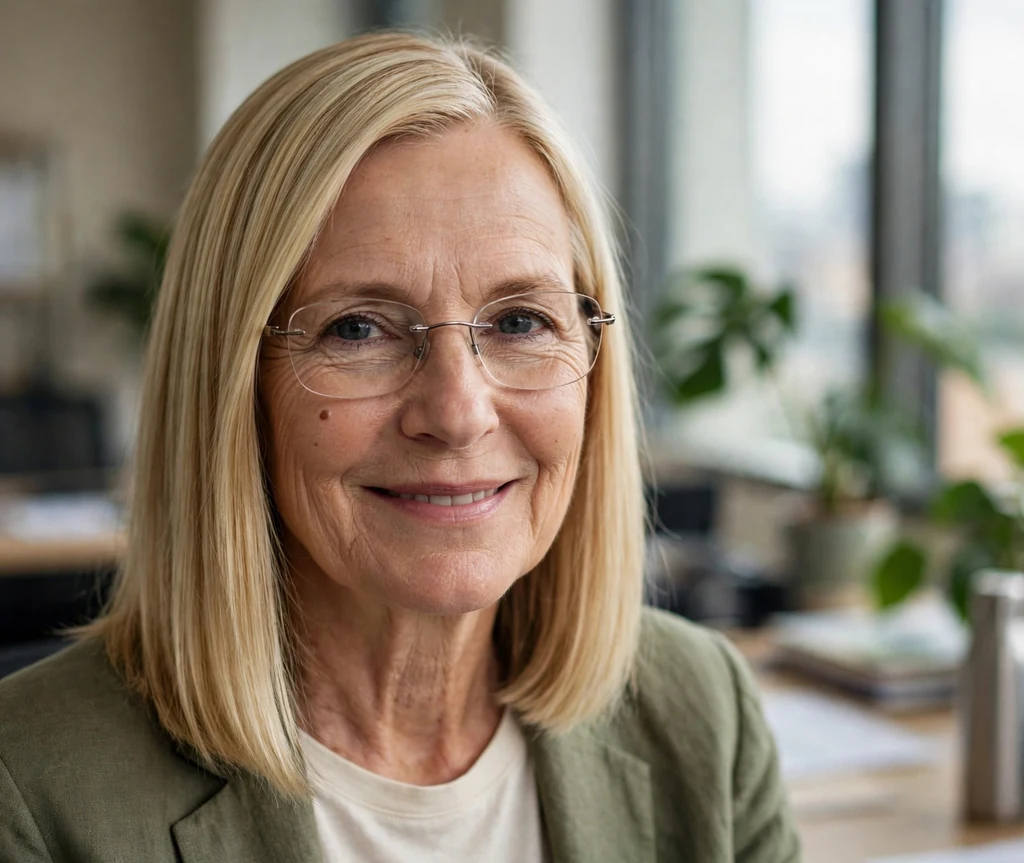 White woman in her early sixties with a sleek straight blonde lob wearing rimless glasses in an office