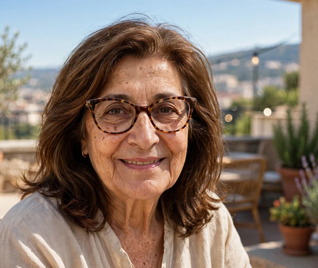 Middle Eastern woman in her late sixties with a chestnut feathered mid-length haircut wearing cat-eye glasses on a sunny terrace